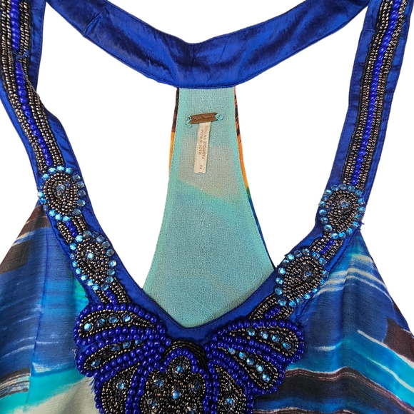 FREE PEOPLE Silk Beads Rhinestones Ruffles Blue & Orange Watercolor Halter Dress - Picture 9 of 16